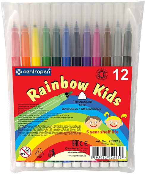 Фломастеры Rainbow Kids 12 цв. смываемые, треугол.зона захвата \ 7550/12 ET Сentropen