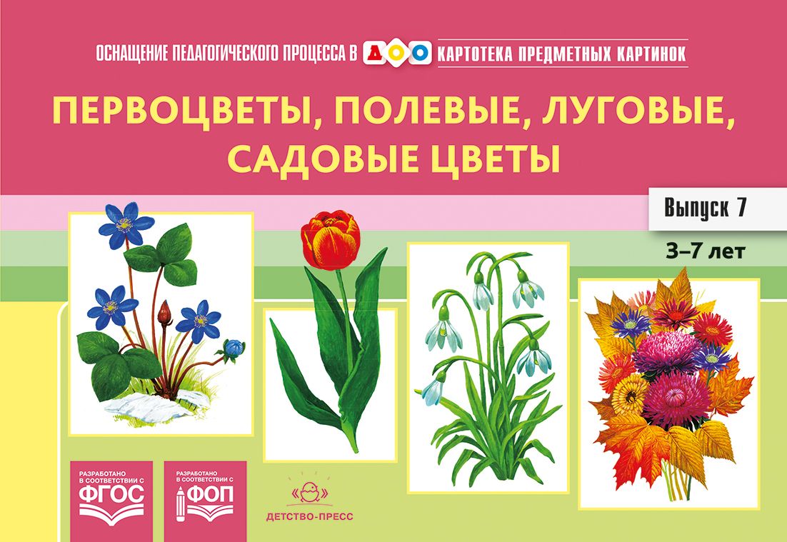 Картотека предметных картинок  7. Первоцветы, полевые, луговые, садовые цветы. 3-7 лет. Нищева Н.В. (20,5*14 см) ФГОС \ Детство