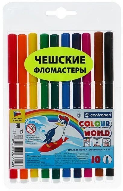 Фломастеры Colour World. Пингвины 10 цв. (блист. упак.треуг.корп. смываемые) \ 7550\10 TP Centropen