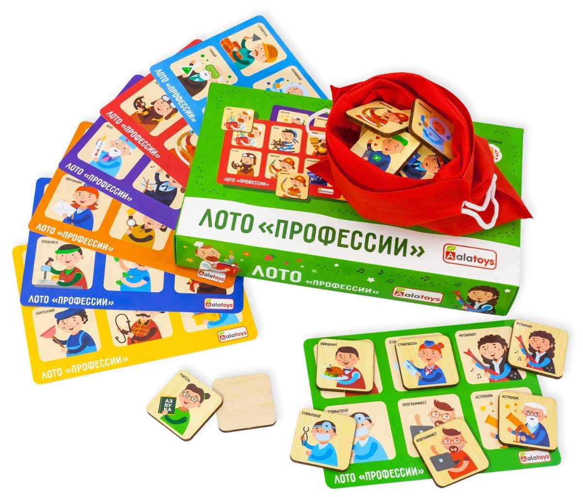 Лото деревянное "Профессии" 42 фишки, 7 карточек (картон.коробка) \ ЛТ09 Алатойс, Россия