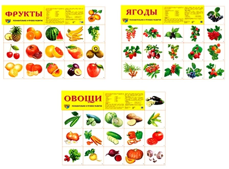Комплект дем. плакатов А2 Фрукты. Ягоды. Овощи (3 плаката А2, 48 картинок) \ Сфера