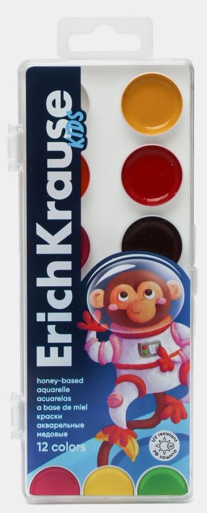 Акварель медовая 12 цветов, "Kids Space Animals" без кисти, пласт.упак., европодвес \ 61360 Erich Krause