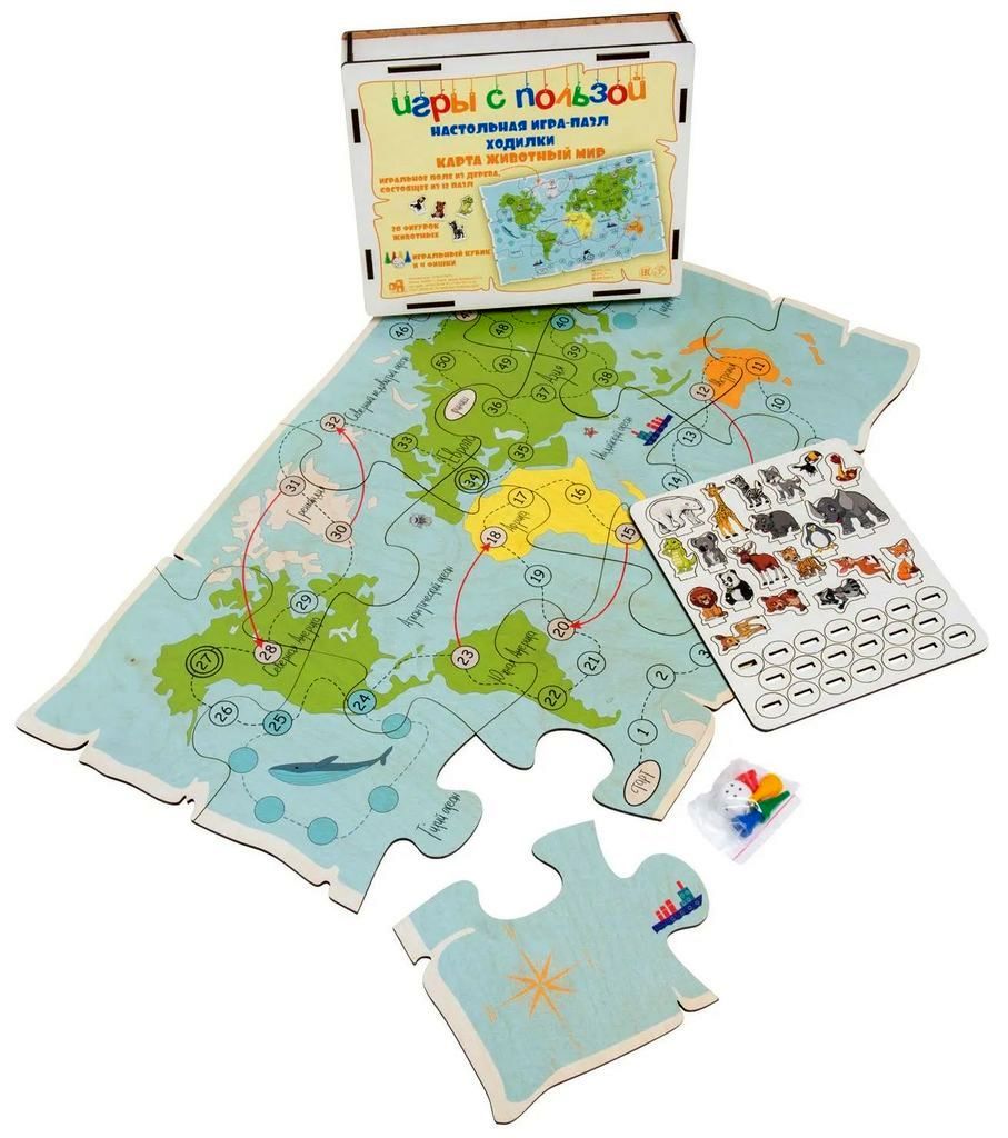 Игра-ходилка "Карта животный мир" (20 фигурок-животных, кубик, фишки) деревян. \ Россия