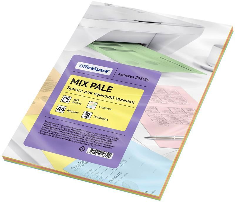 Бумага цветная OfficeSpace "Рale mix" (5цветов) А4, 80г/м2, 100л. \ 245186