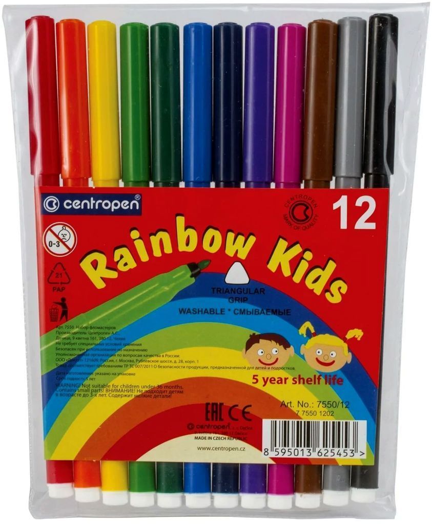 Фломастеры Rainbow Kids 12цв., смываемые, в конверте \ 7550-12 Centropen