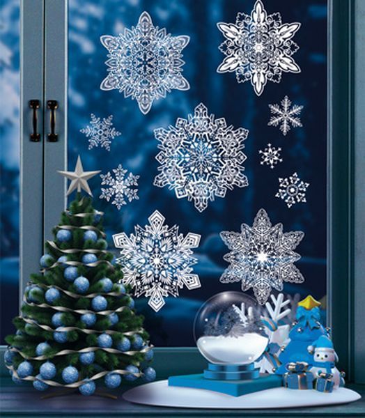 Наклейки Зимние украшения на окна. Снежинки новогодние (пластизоль, многораз.,2-сторон.) \ НМТ1-15331 Сфера