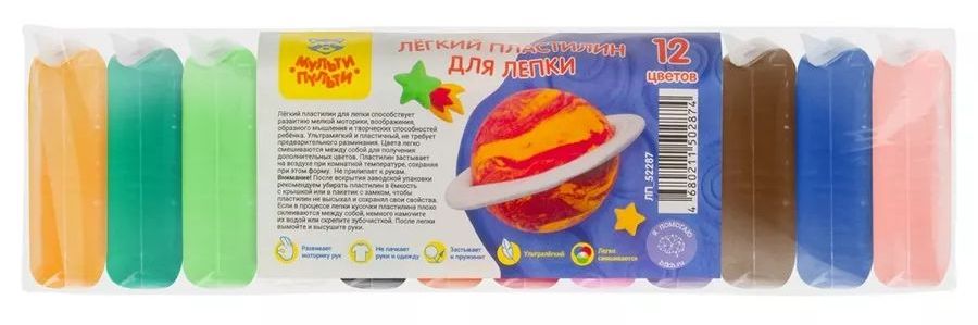 Пластилин легкий для лепки 12 цветов, 120г, прозрачный пакет \ ЛП_52287 Мульти-Пульти