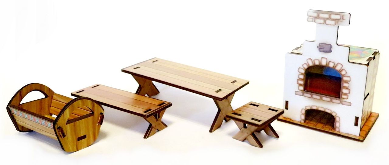 Конструктор деревянный "Мебель для избушки" (печь,стол,скамья) \ ДИ081 Динни