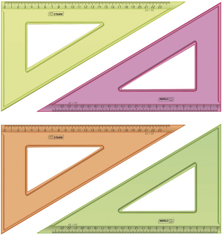 Треугольник 30°, 23см СТАММ, пластик., прозрачный неоновый, ассорти \ ТК54