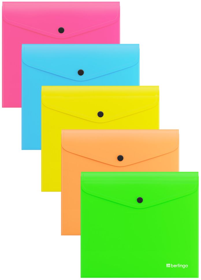 Папка-конверт на кнопке "Neon" А5+, 200мкм, ассорти неоновых цветов \ EFb_A5395 Berlingo
