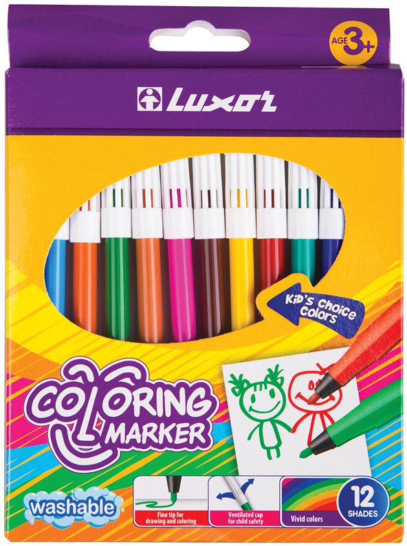 Фломастеры "Coloring", 12цв., смываемые, картон, европодвес \ 6101/12 BOX Luxor, Индия