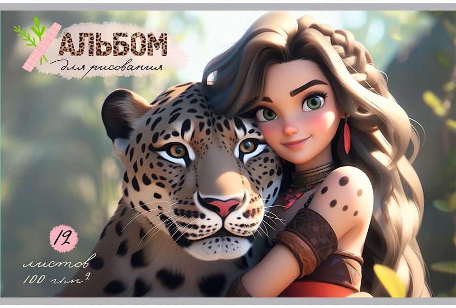 Альбом для рисования 12л., скрепка, "Девушка и леопард", А4, 100г/м2 \ 12-7477 Проф-Пресс