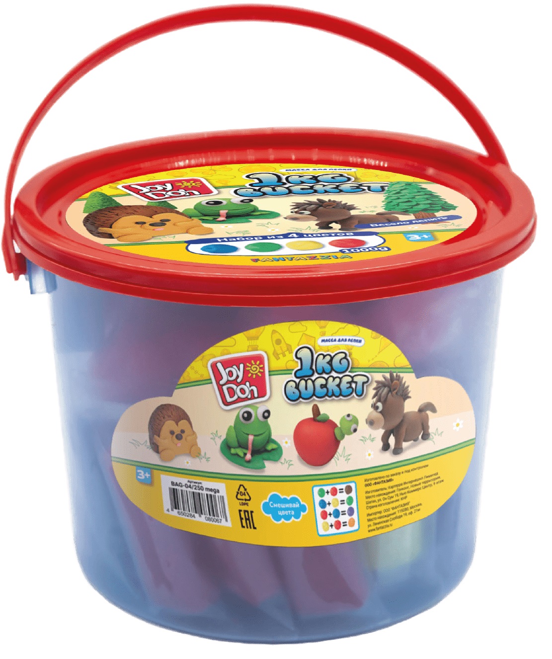 Масса для лепки Joy Doh, набор MEGA BUCKET - МЕГА БАНКА 1кг с 4 пакетами с тестом \ BAG-04/250 mega