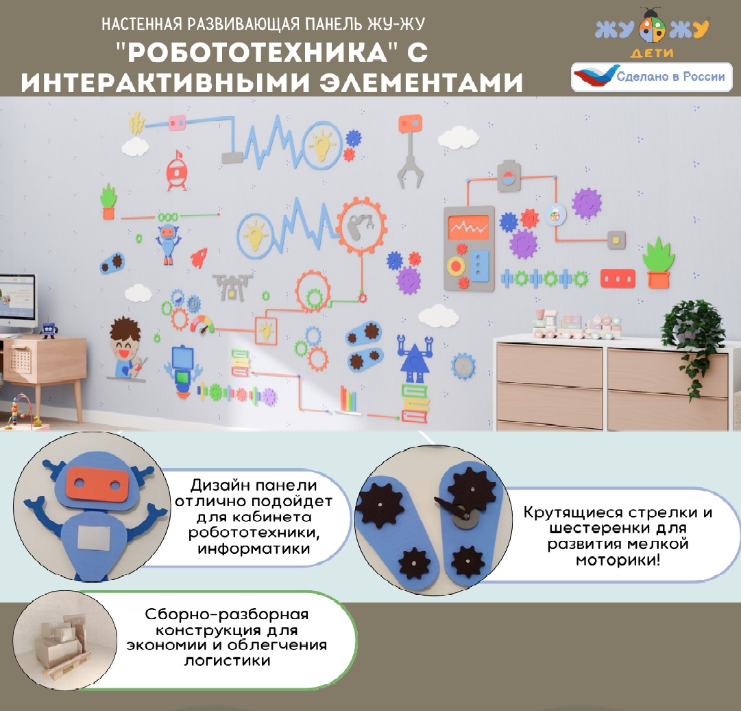 Настенная панель мобильная "Робототехника" с интерактивными элементами \ ЖУ-ЖУ-НП8300