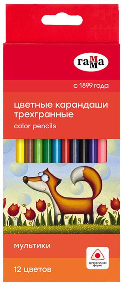 Карандаши цветные "Мультики", 12цв., трехгран., заточен., картон. упак., европодвес \ 290122_1 Гамма