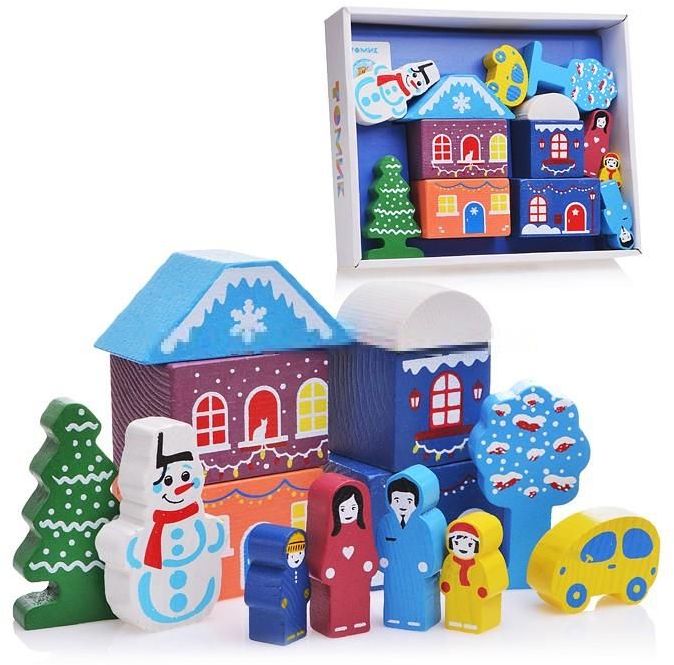 Конструктор деревянный "Цветной городок. Зима" розовый 14дет. \ 2017-1 Томик, Россия