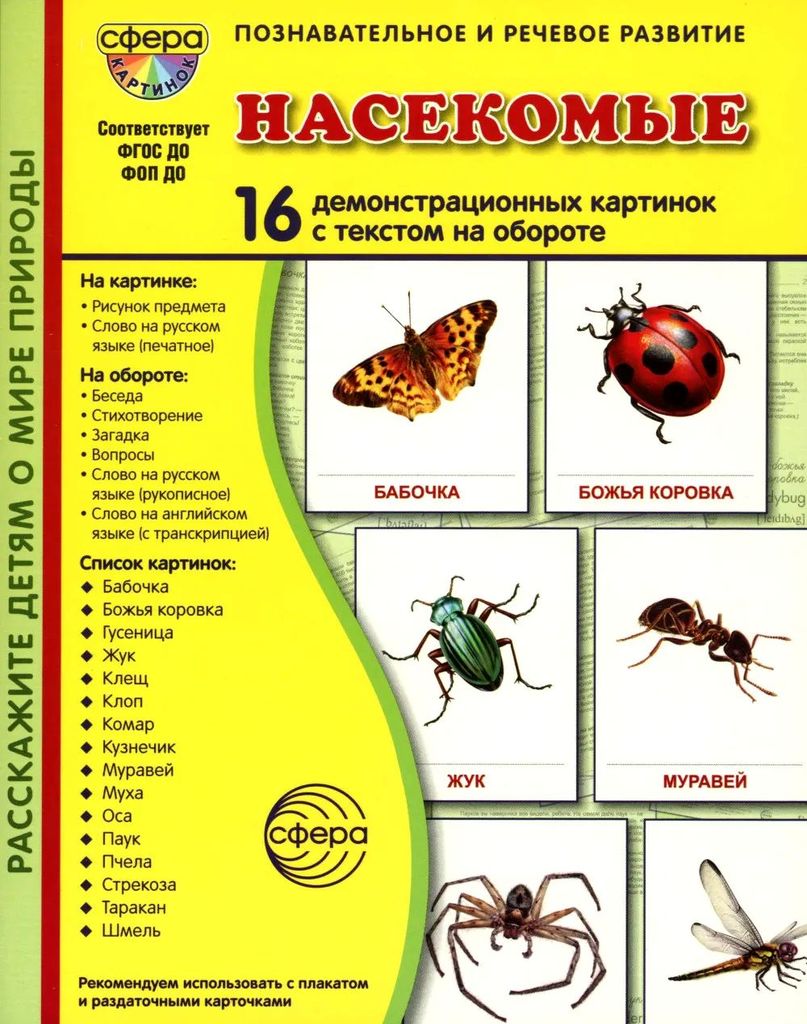 Дем. картинки Насекомые (16 картинок с текстом ,173х220мм) в папке, ФГОС ДО, ФОП ДО \ Сфера, 00-00022700