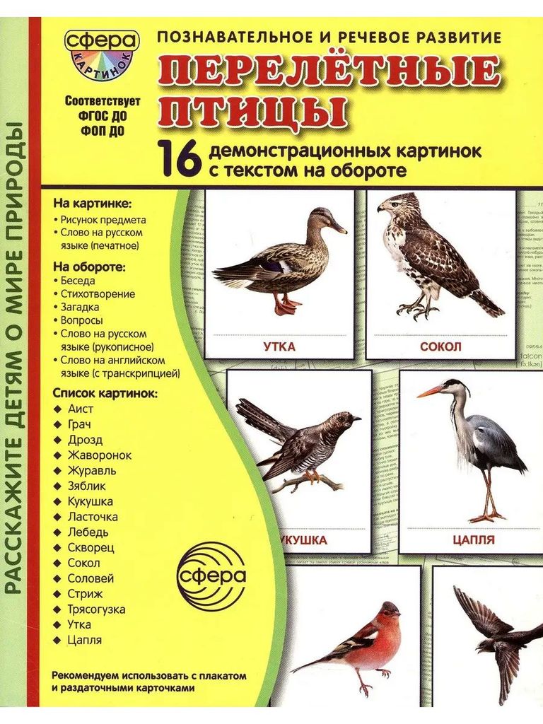 Дем. картинки Перелетные птицы (16 картинок с текстом ,173х220мм) в папке. ФГОС ДО, ФОП ДО \ Сфера, 00-00022698