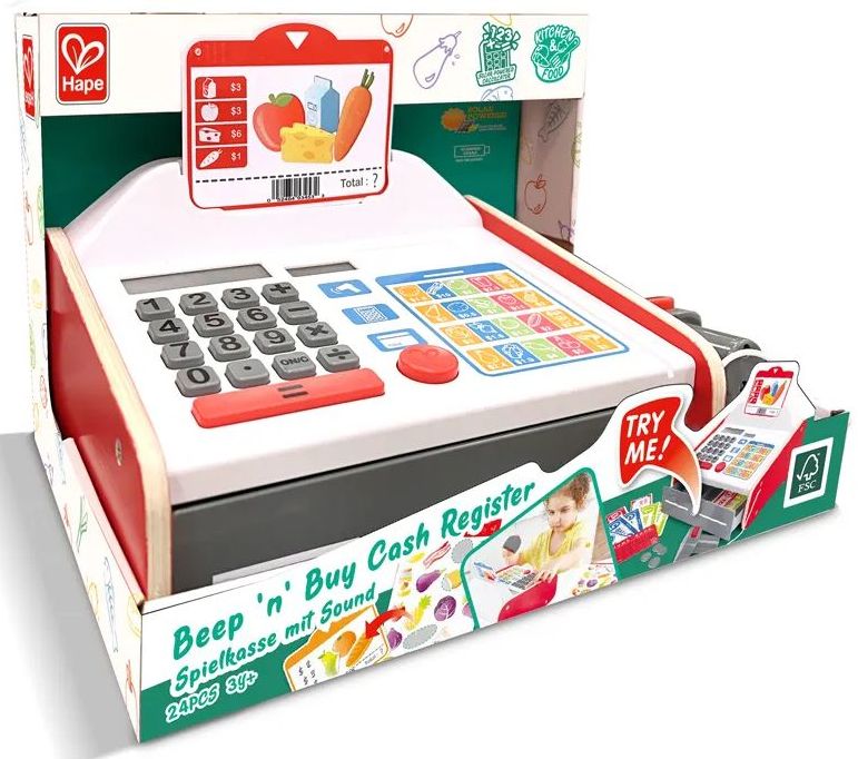 Игровой набор "Кассовый аппарат" (калькулятор, наклейки, свет, звук) 20*23см \ E3184_HP Hape