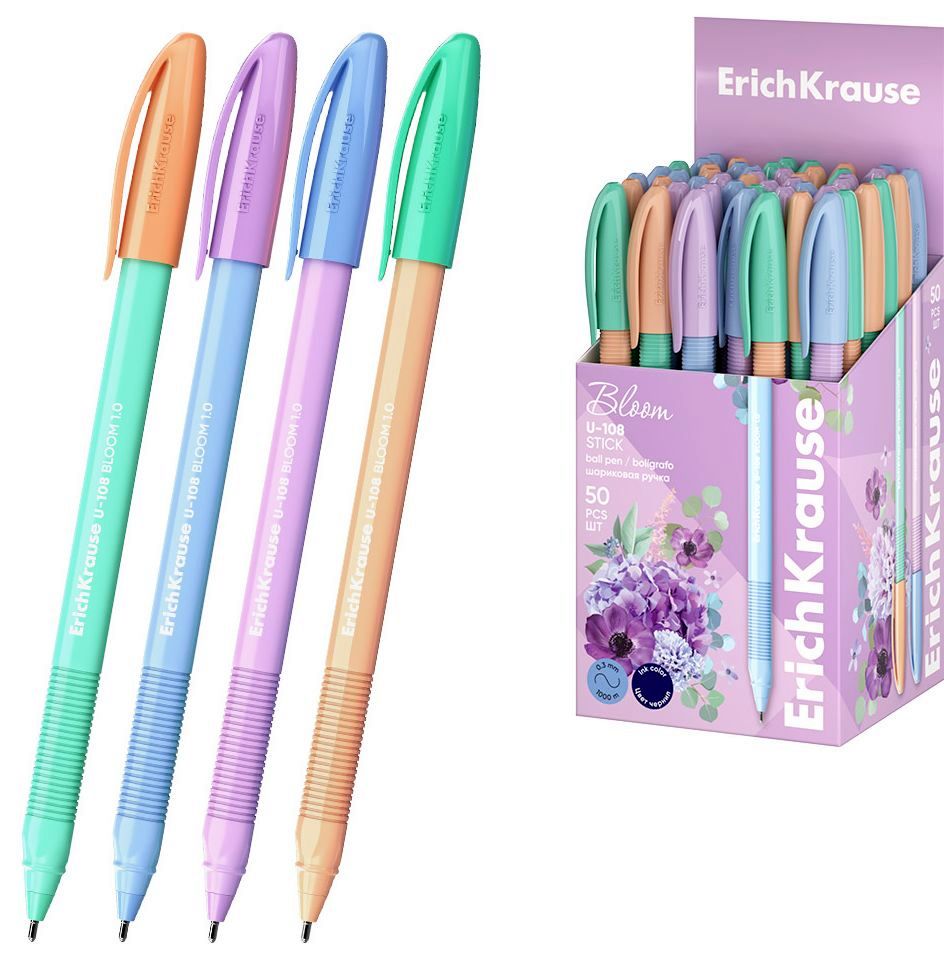 Ручка шариковая U-108 Stick Pastel Bloom "Ultra Glide Technologi" 1 мм, синяя, трехгранная \ 61020 Erich Krause