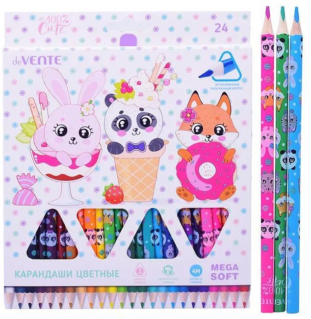 Карандаши цветные "Cute 100%" 24цв., 4М, трехгранные, в коробке \ 5024128