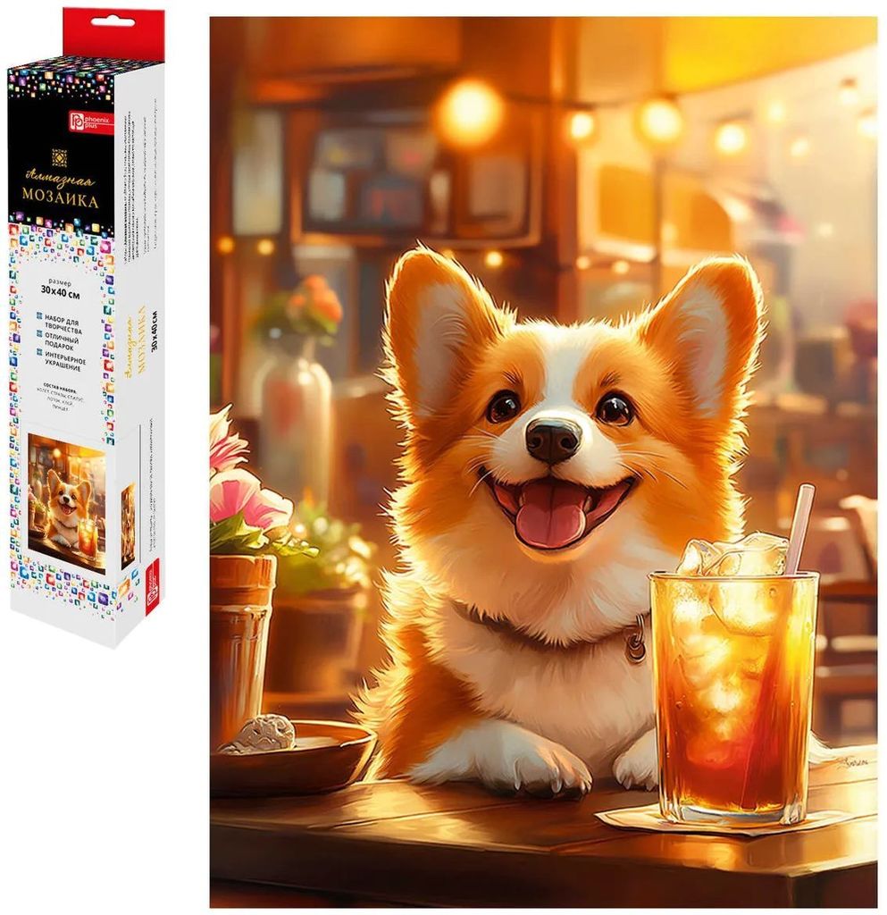 Мозаика алмазная по номерам на холсте в рулоне "Корги с лимонадом" 30*40см \ 70818